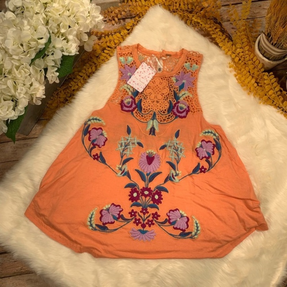 NEW Free People Flower Power Tank Top, Coral Combo - Picture 5 of 8